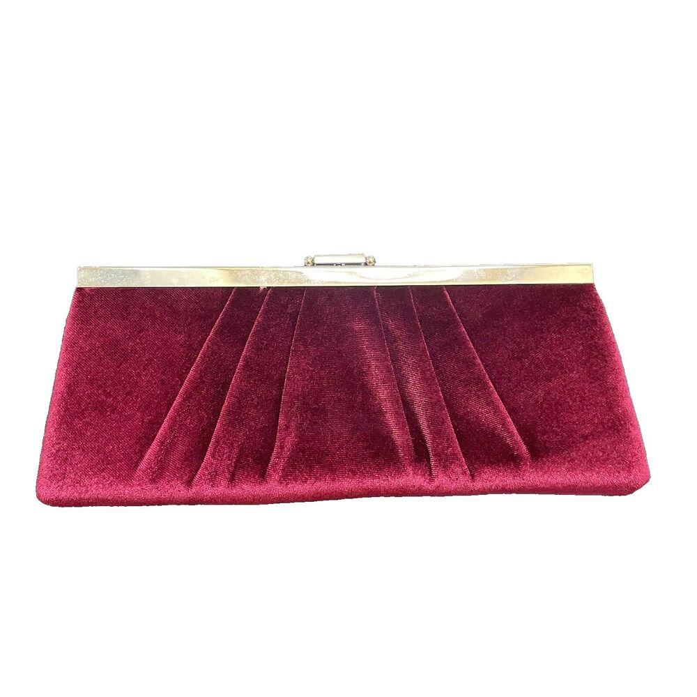 Jessica McClintock Red Velvet Clutch with Optional Chain Silver Snap Close EUC